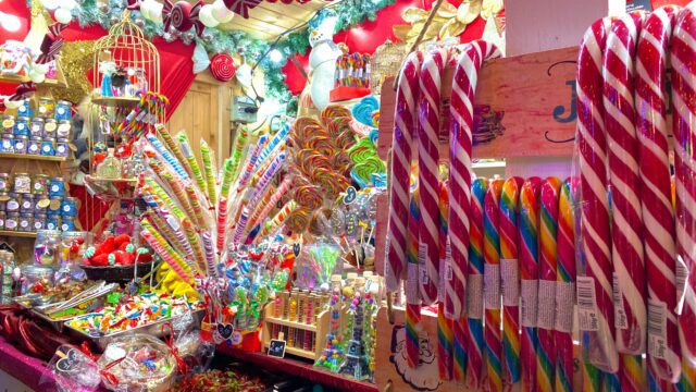 Variety of packaged candy at a store
