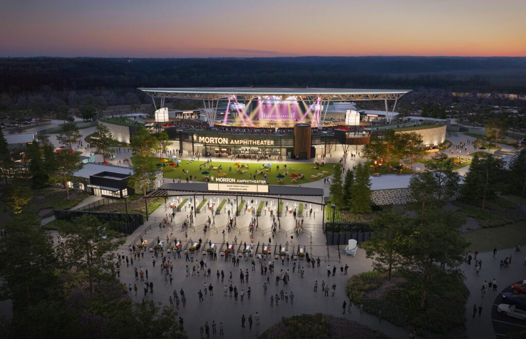 Morton Amphitheatre in Riverside, Missouri with open-air seating and stage views.