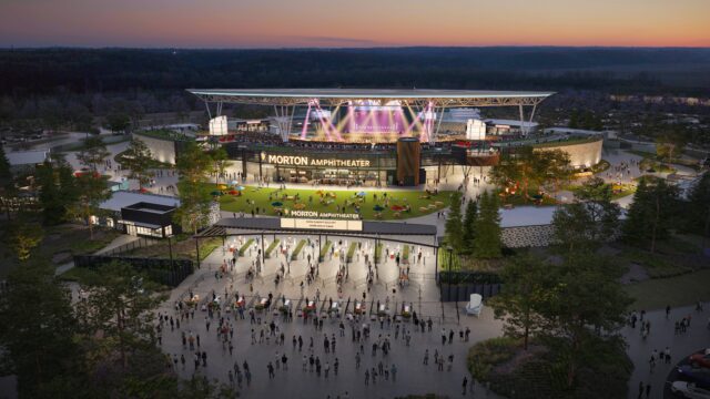 Morton Amphitheatre in Riverside, Missouri with open-air seating and stage views.