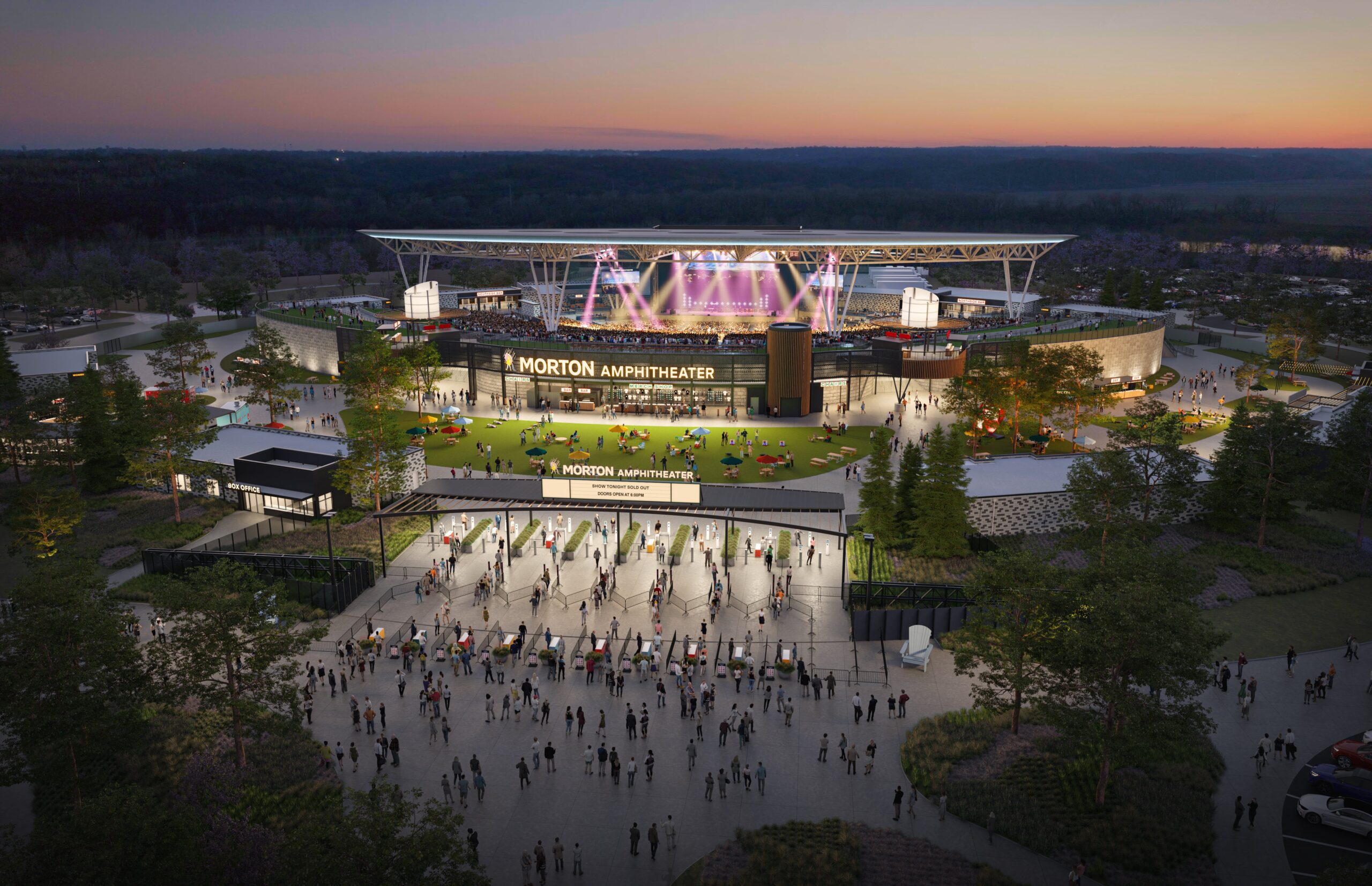 Morton Amphitheatre in Riverside, Missouri with open-air seating and stage views.