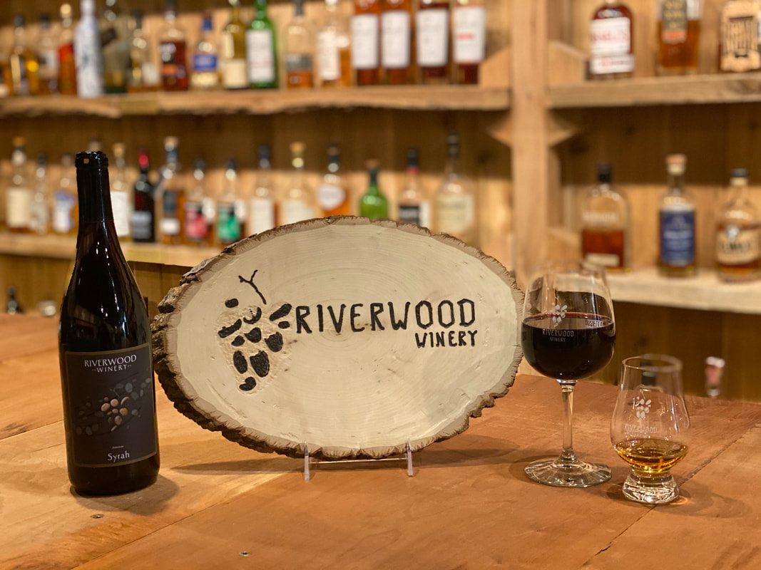 Riverwood Winery interior and closeup of one of their specialty wines